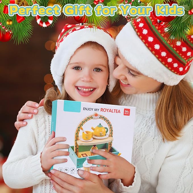 Hysagtek Wooden Tea Party Set for Little Girls, Toddler Tea Set with Cupcake Stand,Teapot Tea Cup Dessert Toys Tea Set Pretend Accessories for Girls Christmas Birthday Gift