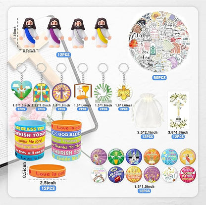 Tazimi 122 PCS Christian Bible Party Favors Jesus Party Favors Cross Goodie Bags with Stickers Rubber Bracelets Button Pins and Bags for Christian Party Supplies Decorations