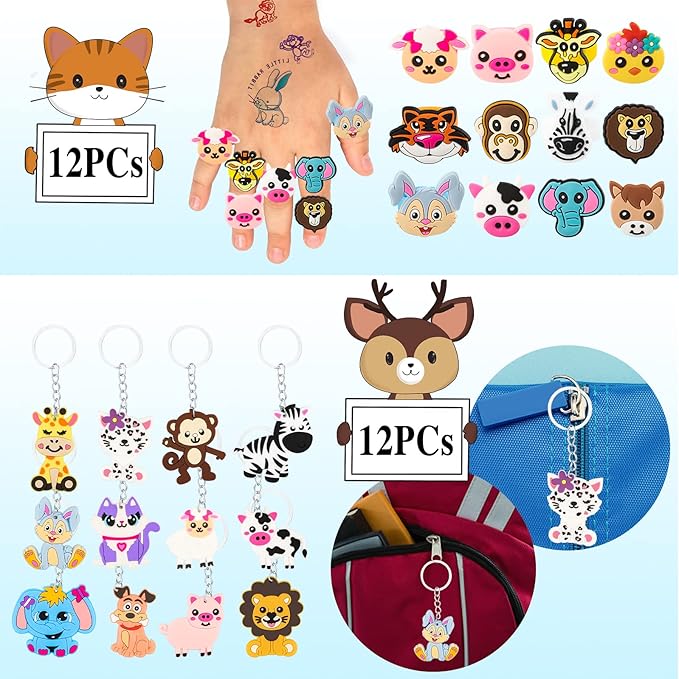 120Pcs Jungle Safari Party Favors Including Puzzle Stickers, Slap Bracelets, Animal Keychains, Temporary Tattoos, Animal Rings, Animal Stickers Safari Themed Birthday Party Supplies