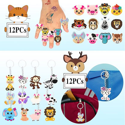 120Pcs Jungle Safari Party Favors Including Puzzle Stickers, Slap Bracelets, Animal Keychains, Temporary Tattoos, Animal Rings, Animal Stickers Safari Themed Birthday Party Supplies