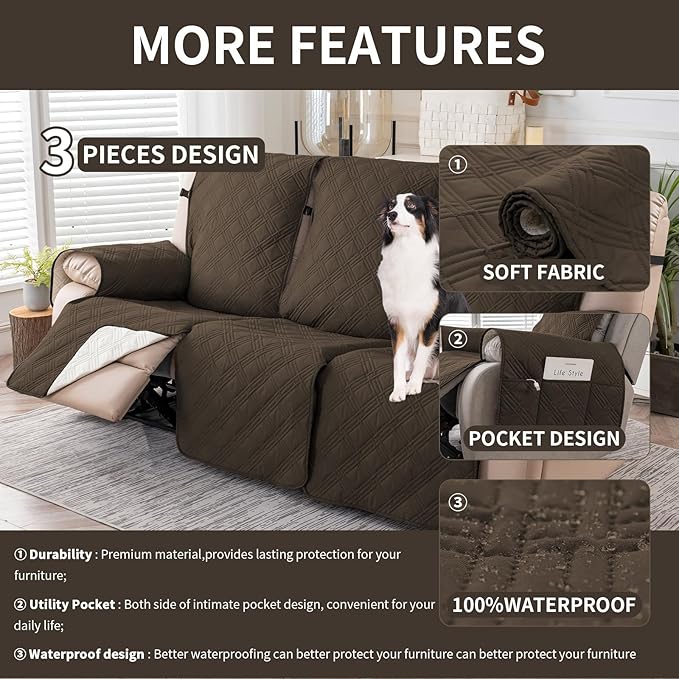 Easehomey Waterproof Recliner Sofa Cover,Non-Slip Reclining Sofa Covers for 3 Seat,Washable Reclining Sofa Cover Furniture Protector with Elastic Straps Pocket for Kids, Pets(Coffee,3Seat)