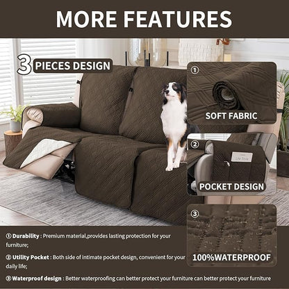 Easehomey Waterproof Recliner Sofa Cover,Non-Slip Reclining Sofa Covers for 3 Seat,Washable Reclining Sofa Cover Furniture Protector with Elastic Straps Pocket for Kids, Pets(Coffee,3Seat)