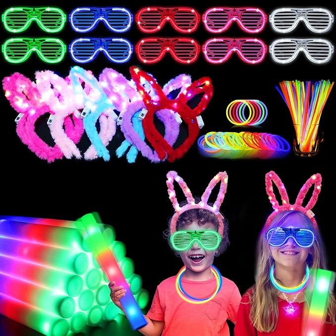 140Pcs Glow in the Dark Party Supplies, 100PCS Glow Sticks, 20PCS Big LED Foam Light Up Sticks, 10PCS LED Glasses, 10PCS LED Rabbit Ears Hairpin, for Wedding/BirthdayDance Floor