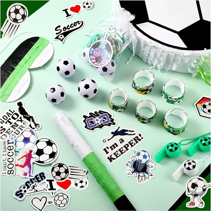 152 Pcs Ball Piñata Ball Party Supplies with Blindfold and Stick for Kids Birthday Party Decorations Foam Stress Balls Slap Bracelets Whistle Ball Favors for Boys Girls(Soccer)