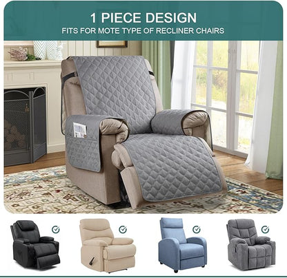 Ruaozz 100% Waterproof Recliner Chair Cover Non-Slip Reclining Cover for Recliner Chair Washable Chair Seat Cover with Elastic Straps for Kids, Dogs, Pets (Light Grey, 23'')