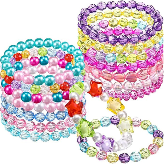 Junkin 16 Pieces Kids Bracelet for Girls Princess Bracelet Cute Rainbow Bead Bracelets Little Girls Jewelry for Birthday Party Favors Valentine's Day Exchange Gifts