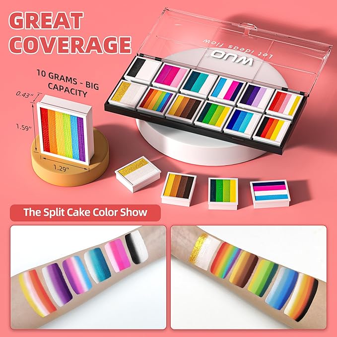 WUO Professional Face Painting Kit for Kids Adults, 12x10g Split Cake Palette with Stencils Sponge, Non-Toxic Water-Activated Rainbow Body Face Paint Makeup for Halloween Christmas & Costume Partie