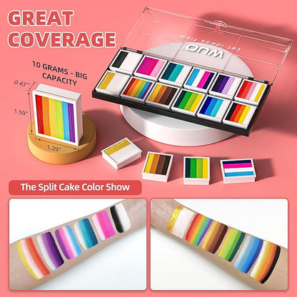 WUO Professional Face Painting Kit for Kids Adults, 12x10g Split Cake Palette with Stencils Sponge, Non-Toxic Water-Activated Rainbow Body Face Paint Makeup for Halloween Christmas & Costume Partie