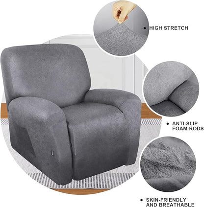 molasofa Recliner Chair Covers - 4 Pieces Leather Like Large Recliner Chair Covers with Pocket Waterproof Non Slip Stretch Recliner Slipcover for Lazy Boy Recliner Chair Washable (Light Grey)