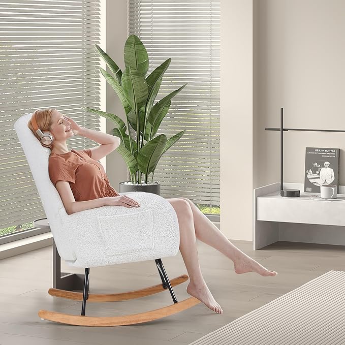 VECELO Rocking Chair Nursery with Thick Headrest, Modern Teddy Upholstered Reading Glider Rocker Accent Armchair with High Backrest, Padded Seat, Side Pocket, for LivingRoom, Bedroom, Baby Room, White