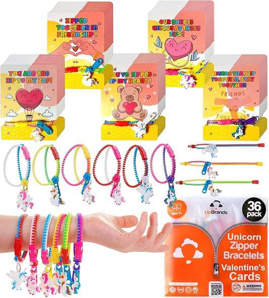 UpBrands 36 Unicorn Zipper Bracelets with 36 Valentine's Day Cards - Sensory Fidget Valentine's Favors and Gifts for Kids Classroom Exchanges