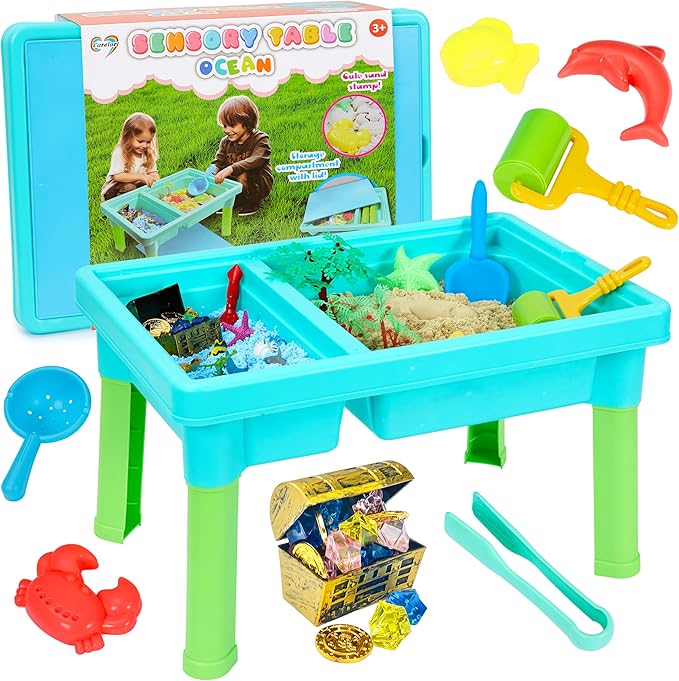 Carolart Ocean Sensory Table with Sands, Bin with Lid, Indoor Outdoor Use, Sand Art Kit for Boys and Girls, Toys for Toddlers Age 3-5, 17x11.5x10.2 Inches