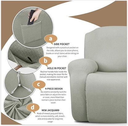 JIVINER 8-Piece Recliner Sofa Covers Stretch Jacquard Couch Covers for Recliner Slipcovers for Living Room 3 Cushion Soft Recliner Protector with Pocket (Sofa Recliner, Ivory)