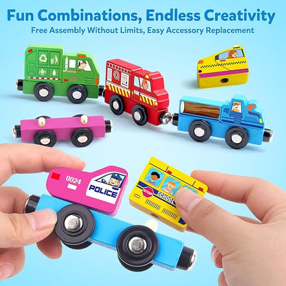 Helsort Wooden Magnetic Trains Cars - 8 Piece Educational and Skill-Building Wooden Toy for Boys and Girls Toys Train, Montessori Fine Motor Skills for Toddlers and Kids Ages 3+
