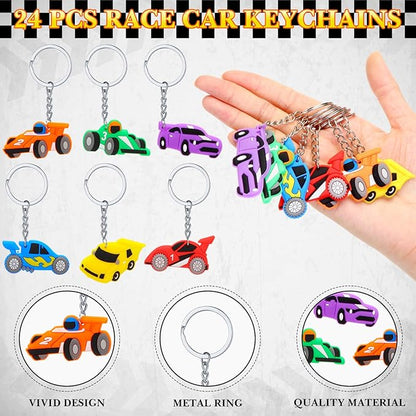 Aoriher 48 Pcs Race Car Birthday Party Favors Racing Rubber Bracelets and Car Theme Keychains Racing Party Goodie Bag Fillers Classroom Rewards for Girls and Boys Birthday Party Decoration Supplies