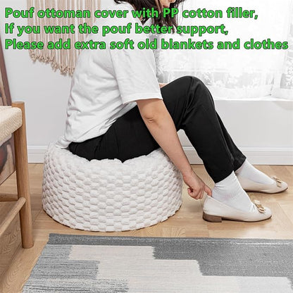 Round Stuffed Pouf Ottoman 20x20x12 Inches Faux Fur Ottoman Foot Rest Under Desk Foot Stool Great for Living Room, Bedroom Small Furniture (Ivory Pouf with Filler)