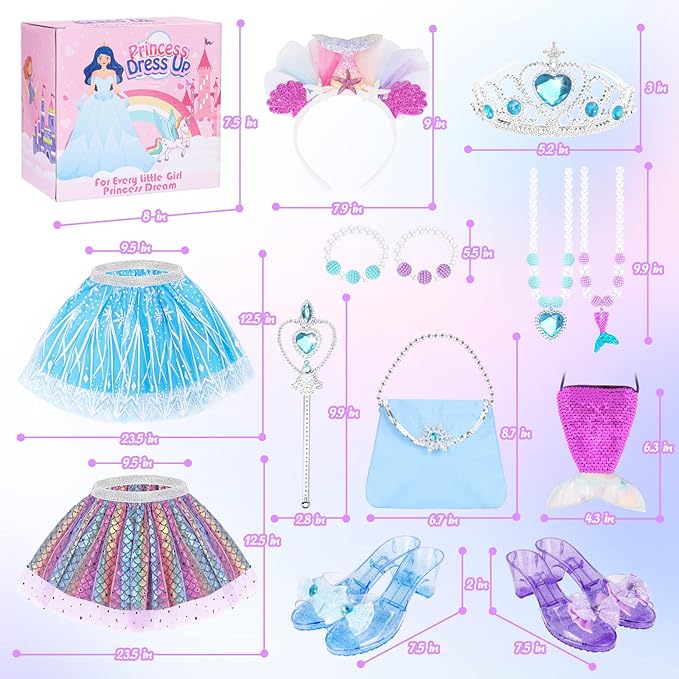 Princess Dress Up Shoes, Jewelry Princess Toys Pretend Role Play with 2 Pairs of Shoes, Skirt, Purse, Princess Dress Up Clothes for Little Girls Princess Gifts Toys for Girls Age 3 4 5 6 Year Old