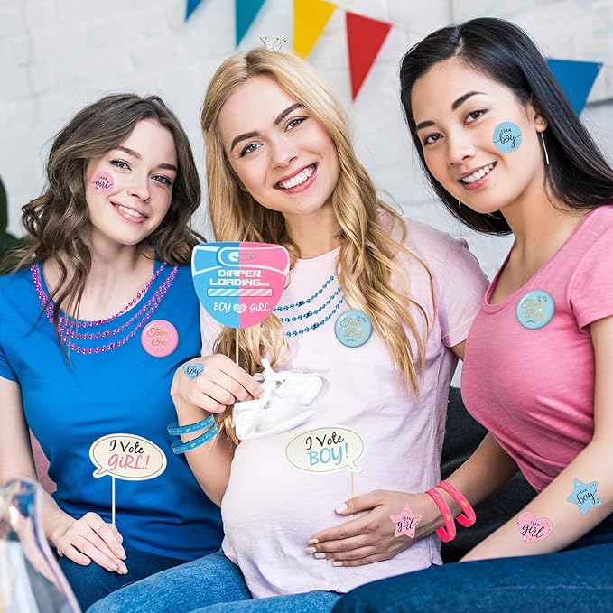 202 Pcs Baby Gender Reveal Party Supplies Favors Boy or Girl, Gender Reveal Ideas Gender Reveal Games Supplies, Baby Gender Reveal Bracelets, Team Boy Girl Button Pins