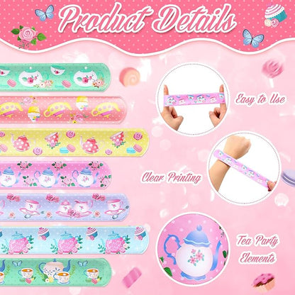 Junkin 48 Pcs Tea Party Favors Floral Slap Bracelet Supplies Tea Party Supplies Decoration Girls Pink Teapot Flower Bracelets for Partea Birthday Baby Shower Decor
