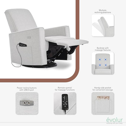 Evolur Harlow Deluxe Upholstered Plush Seating Glide Rocker, Swivel, Power Recliner USB Port with in-Built Massager, Greenguard Gold Certified, Glider Chair for Nursery in Fog Grey