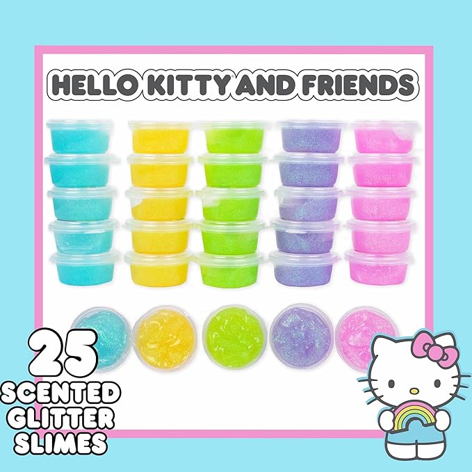 Hello Kitty Ultimate Slime Set, 25-Pack Scented Glitter Slimes, Party Favors for Kids 8-12, Slime Bulk, Mini Slime, Sanrio Stuff