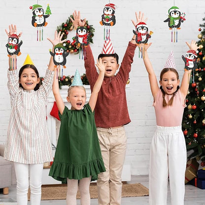 gisgfim 16 Pack Christmas Penguins Wind Chime Crafts Kits for Kids Make Your Own Penguin Wind Chime Wooden DIY Arts and Crafts for Christmas Party School Classroom Decorations Supplies Birthday Favors