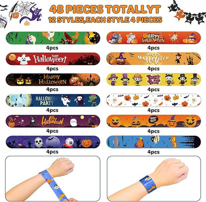 48 Pcs Halloween Slap Bracelets, 12 Styles for Halloween Party Favors, Assorted Bulk Pumpkin Zombie Witches Snap Bracelet Wristbands for Kids Halloween Party Gift Bag Filler Supply