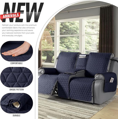 TAOCOCO 100% Waterproof Recliner Cover -Loveseat Recliner Cover with Center Console,Non-Slip Reclining Couch Covers for 2 Seat,with Elastic Straps Pocket for Kids, Dogs(Dark Blue, 2 Seater XL)