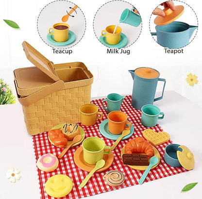 HERSITY Picnic Basket Toys for Toddlers, Kids Play Tea Sets with Teapot Tea Cup Dessert Food and Mat, Pretend Play Kitchen Accessories Tea Party Set Little Girl Boy Age 3 4 5