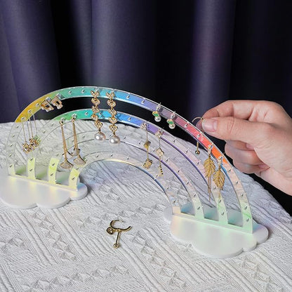 NiHome Iridescent Earring Organizer Set - 74-Hole Display Rack for Studs, Dangles and Hoops - Rainbow Iridescent Finish - Clear Acrylic - Ideal for Girls and Women