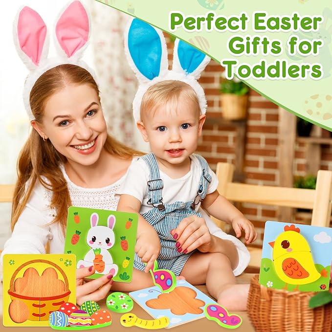 Easter Wooden Puzzles for Toddlers 1-3, Easter Basket Stuffers for Toddler, Easter Gifts for Babies Boys Girls, Easter Toys for 1 2 3 Year Old Learning, Educational Wood Animal Chunky Puzzles