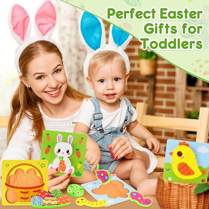 Easter Wooden Puzzles for Toddlers 1-3, Easter Basket Stuffers for Toddler, Easter Gifts for Babies Boys Girls, Easter Toys for 1 2 3 Year Old Learning, Educational Wood Animal Chunky Puzzles