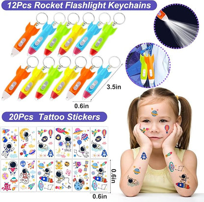 Bluegogo 151Pcs Space Party Favors, Space Birthday Party Decorations Include Stress Ball Bracelet Tattoo Stickers Stamp, Necklace, Rocket Keychain Gift Box for Kids Space Party Supplies