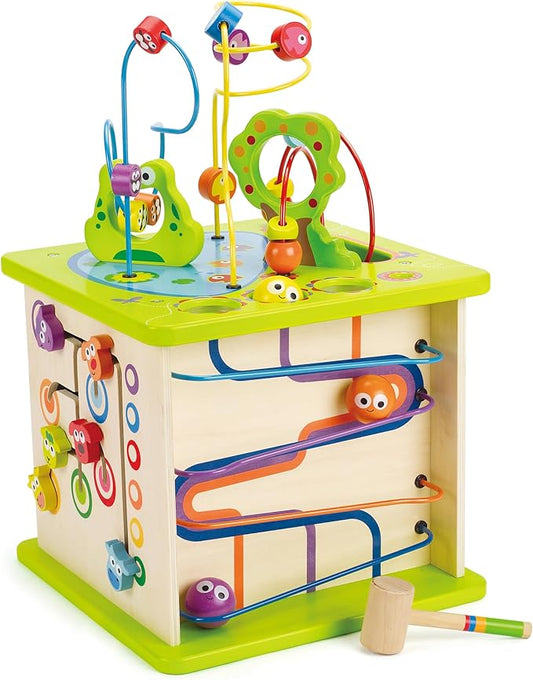 Hape Country Critters Play Cube| Wooden Learning Puzzle Toy for Toddlers, 5-Sided Activity Centre with Animal Friends, Shapes, Mazes, Wooden Balls, Shape Sorter Blocks and More