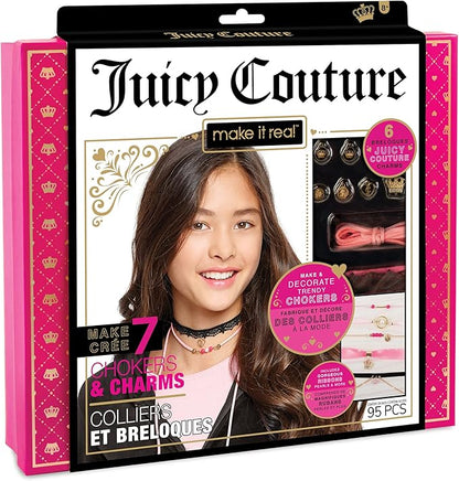 Make It Real Juicy Couture: Chokers & Charms Kit - Create 7 Unique Necklaces, 102 Pieces, 7 Trendy Chokers, 6 Juicy Charms, Tweens & Girls, Elastic Fitted Necklaces, DIY Bead Jewelry Kit, Ages 8+