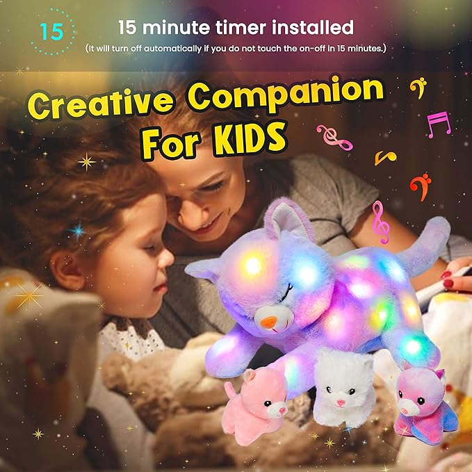 Hopearl LED Musical Stuffed Cat Lighting Up Singing Plush Toy Playset Mommy Cat with 3 Baby Kittens in her Tummy Lullaby Animated Soothe for Mom Kids Toddler Girls, Rainbow, 18''