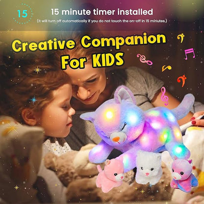 Hopearl LED Musical Stuffed Cat Lighting Up Singing Plush Toy Playset Mommy Cat with 3 Baby Kittens in her Tummy Lullaby Animated Soothe for Mom Kids Toddler Girls, Rainbow, 18''