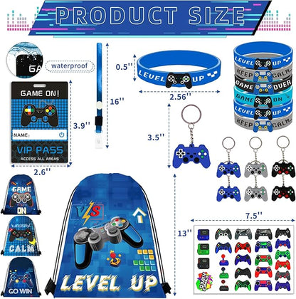 122Pcs Video Game Party Favors, Gamer Party Favors for Boys Includes 13 x 11 Inch Video Game Party Drawstring Bags Bracelets VIP Passes with Lanyards Keychains Tattoo Stickers for Gaming Party Favors