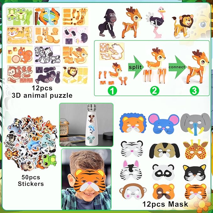 158PCS Jungle Safari Party Favors Set – Wild Animals Goodie Bag Stuffers, Masks, Straws, Stamps, Keychains, Gift Bags, Assembly Toys for Kids Birthday Party, Boys & Girls Party Favors