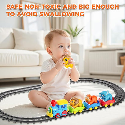 Train Set for Toddlers w/Steam, Music & Lights - Electric Train Toy for Kids with Tracks Accessories, Includes 3 Animals Car : Lion Gorilla and Elephant, Best Gifts for 1-3 4 5 6+ Years Old Boys Girls