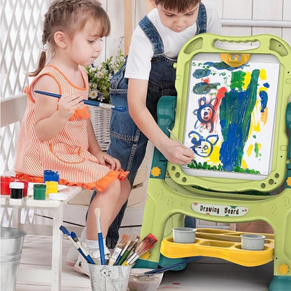 Kids Art Easel, Adjustable Drawing White Board & Chalk Board, Toddler Standing Easel with Painting Accessories, Gift for Girls Boy (Green)