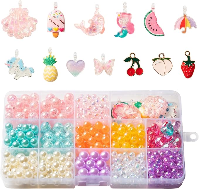 OSNIE Summer Rainbow DIY Bead Jewelry Making Kit for Kids with Watermelon Pineapple Ice Cream Strawberry Peach Cherry Y2K Beads and Charms for Bracelets Rings Necklaces Creativity Art Crafts, 400Pcs+