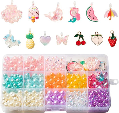 OSNIE Summer Rainbow DIY Bead Jewelry Making Kit for Kids with Watermelon Pineapple Ice Cream Strawberry Peach Cherry Y2K Beads and Charms for Bracelets Rings Necklaces Creativity Art Crafts, 400Pcs+