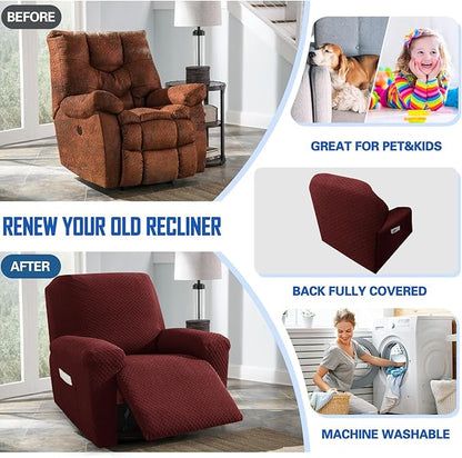 MAXIJIN Recliner Cover Slipcovers for Living Room 4 Pieces Stretch Jacquard Recliner Chair Cover Soft Fitted Recliner Protector with Elastic Bottom for Kids, Pets (Recliner, Wine Red)