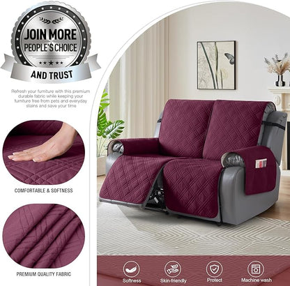 TAOCOCO 100% Waterproof Loveseat Recliner Cover, Non Slip Split Loveseat Covers for Reclining Loveseat with Elastic Straps, Washable Recliner Chair/Furniture Protector for Pets(2 Seater, Wine)