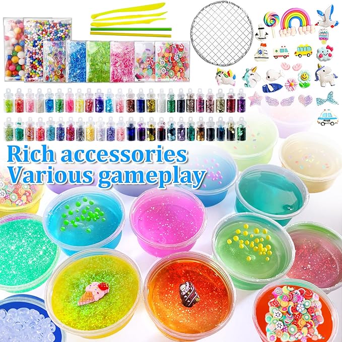 ESSENSON Slime Making Kit - Slime Supplies for Girls & Boys, Crystal Clear Slime, Glitter, Charms, Fishbowl Beads - Kids Art Craft Toys Gifts Age 3+