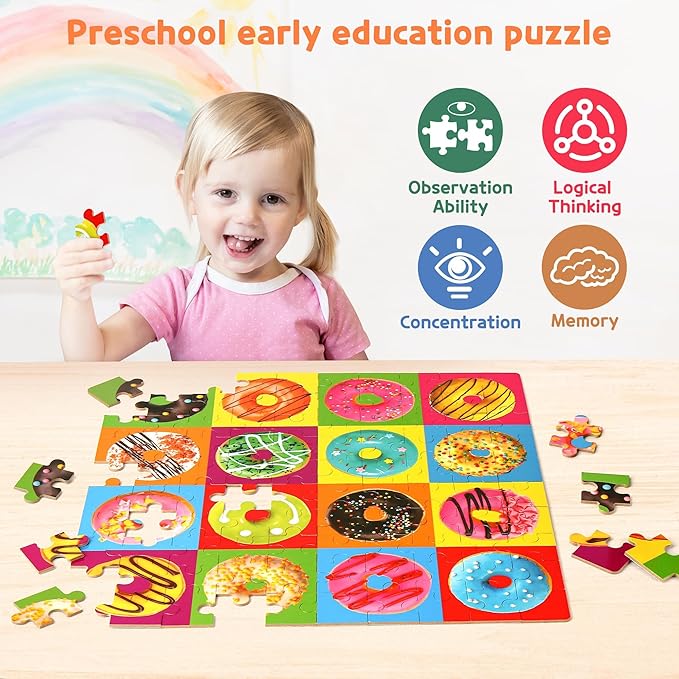 SYNARRY 100 Piece Wooden Puzzles for Kids Ages 4-8, Donuts Jigsaw Puzzle for Kids Ages 4-6 8-10 Teens, Preschool Educational Puzzles for 4 5 6 7 8 9 Years Old Boys Girls Children, Beautiful Toys Gifts