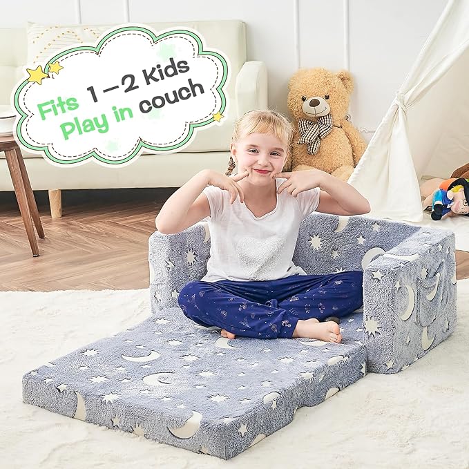 Toddler Couch, Toddler Chair Folding, Kids Couch 2 in 1, Kids Sofa for Playroom-Extra Soft 2 Seats, Glow in The Dark Open Couch, Gifts for Kids, Sleeper for Girls Boys, Grey Green