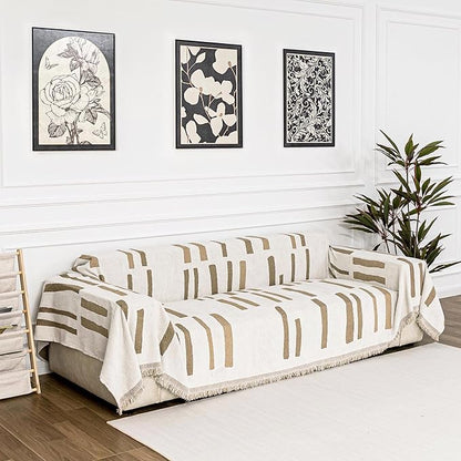 MYSKY HOME Sofa Covers for Sectional Sofa, Couch Cover for Dogs, Couch Covers with Tassel Loveseat Covers Futon Cover L Shaped Cover Washable Chenille Couch Protector, 71" x 118", Khaki Piano Key