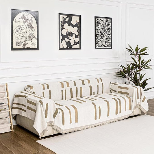 MYSKY HOME Sofa Covers for Sectional Sofa, Couch Cover for Dogs, Couch Covers with Tassel Loveseat Covers Futon Cover L Shaped Cover Washable Chenille Couch Protector, 71" x 118", Khaki Piano Key